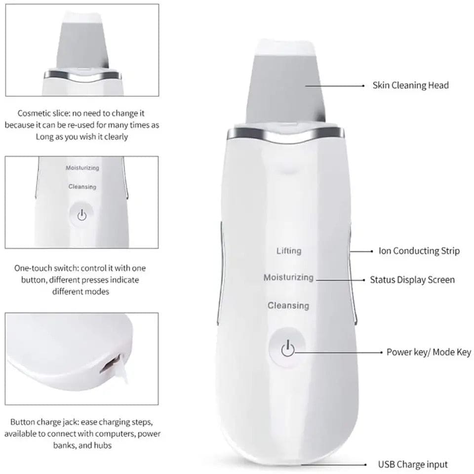 Skin Scrubber Facial Skin Scrubber, Ultrasonic Skin Scrubber Spatula, Electric Blackhead Remover, Facial Cleaner Spatula, 3 Modes Facial Lifting Peeling Tool, Rechargeable Skin Massage Scrubber